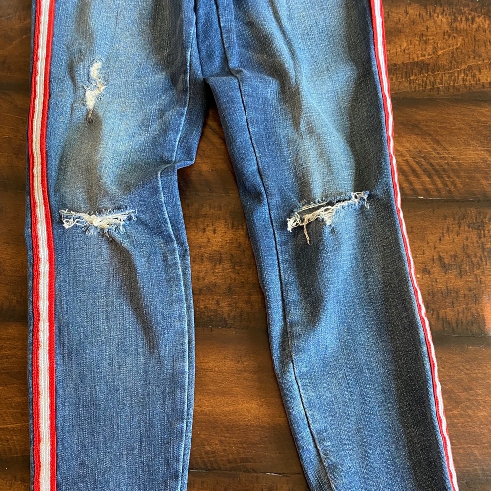 Blank NYC Distressed Denim Jeans with Red & White Strips on Sides - Picture 3 of 6
